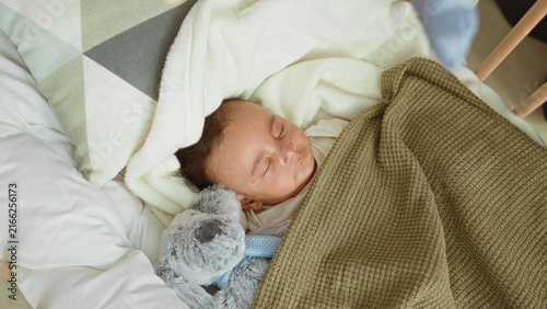 Obraz na plátně Boy sleeping in cradle, cheek visible, cuddling a plush koala and covered by textured blanket in building; gentle comfort serenity