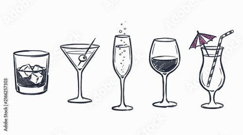 Hand drawn sketches of various alcoholic drinks including whiskey martini champagne wine and tropical cocktail, perfect for bar menu design, party invitations and beverage advertising