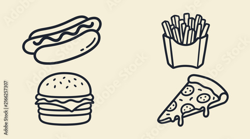 Minimalist line art icons set of hot dog, french fries, burger and pizza slice on plain background, perfect for restaurant menu design, fast food branding and culinary blog illustrations