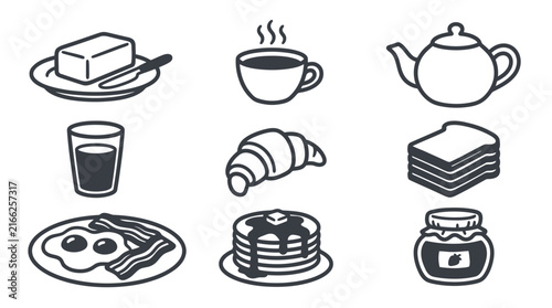 Collection of breakfast food and drink line icons including coffee, pancakes, eggs and croissant on white background, perfect for menu design, restaurant branding and food blogging