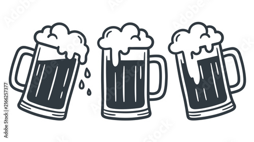 Three hand drawn beer mugs with overflowing foam in black and white line art style isolated on white background, perfect for brewery branding, pub menu design and oktoberfest celebration graphics