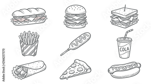 Hand drawn sketch set of fast food icons including burger pizza and hot dog on white background, perfect for restaurant menu design, street food branding and culinary advertising
