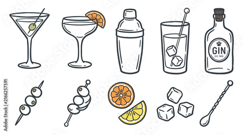 Collection of hand drawn cocktail bar equipment icons including martini glass shaker gin bottle and garnishes on white background, perfect for menu design, bar branding and social media graphics