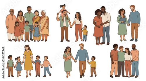 Detailed illustration of diverse multicultural families and professional entrepreneurs in casual settings, perfect for work-life balance blogs, insurance ads and community posters