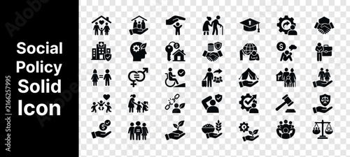 Social Policy Solid Icon Set for Government, Public Services, Community Support and Social Welfare Editable Vector.