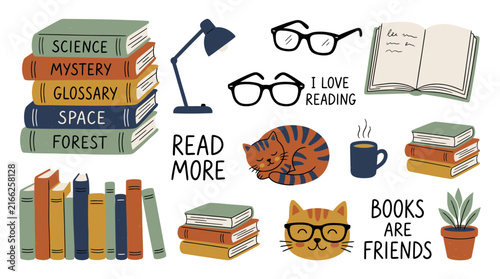 Hand drawn cozy reading collection with book stacks, cute cats, glasses and desk lamp on white background, perfect for library promotion, educational posters and literary blog design