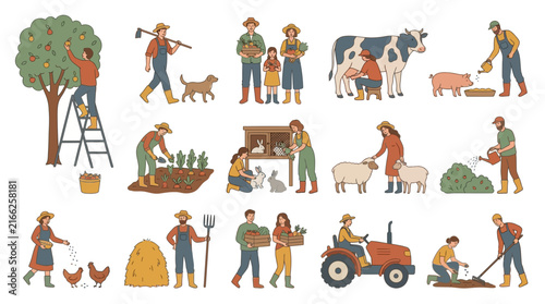 Diverse collection of flat vector illustrations showing agricultural workers and farmers performing various farm activities, perfect for agricultural education, organic farming and infographics