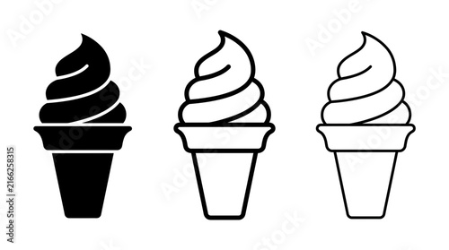Set of three soft serve ice cream cone icons in solid and line art styles on white background, perfect for menu design, food branding and mobile app interface