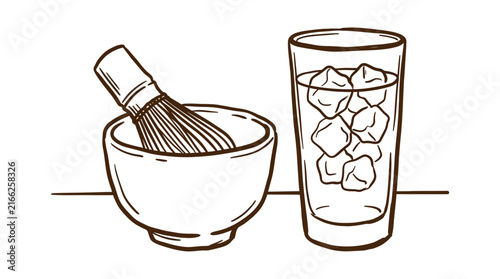 Hand drawn sketch of traditional matcha bowl with bamboo whisk and a tall glass of iced tea on white background, perfect for cafe menu design, healthy lifestyle blog and organic beverage marketing