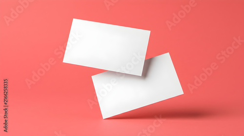 Floating blank business cards mockup on a coral pink background