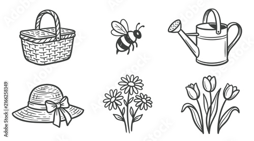 Set of hand drawn spring garden icons including picnic basket bee watering can sun hat and flowers on white background, perfect for seasonal greeting cards, gardening blog and posters