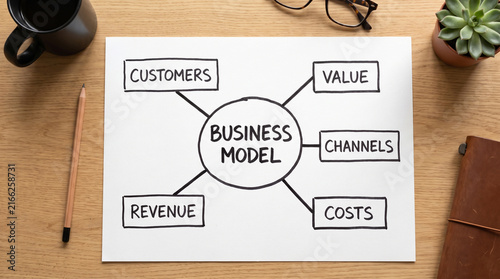 A business model diagram on a piece of paper, surrounded by office supplies like a notebook, pen, glasses, and a cup of coffee