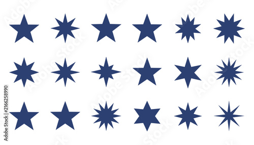 Collection of flat blue star icons in diverse geometric shapes with different number of points on white.