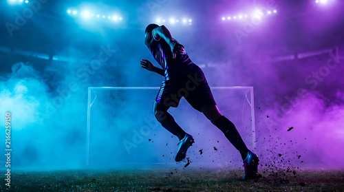 Soccer player silhouette jumping in colorful smoke.