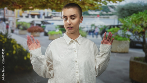 Foto Woman with short buzz cut in white shirt raises palms in a shrug gesture on street near planters and waterfront; uncertainty