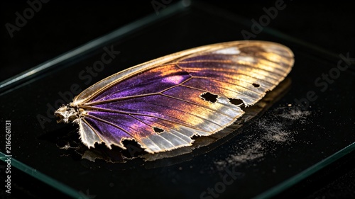 Iridescent butterfly wing on black glass