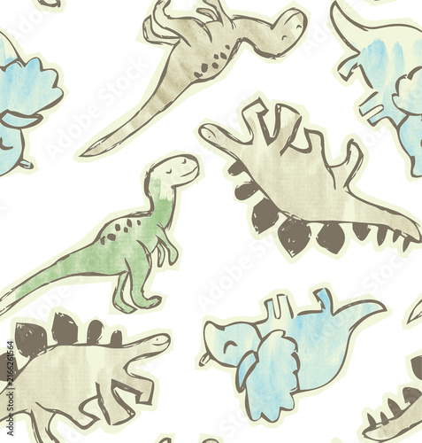 Whimsical watercolor dinosaurs in playful poses on a white background