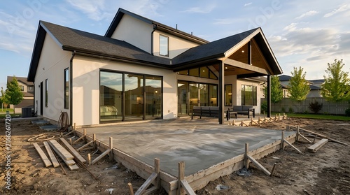 Modern house construction site with freshly poured concrete patio foundation and wooden formwork