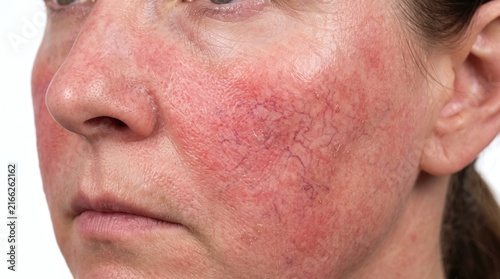 Close up view of facial skin with severe rosacea redness and visible telangiectasia spider veins
