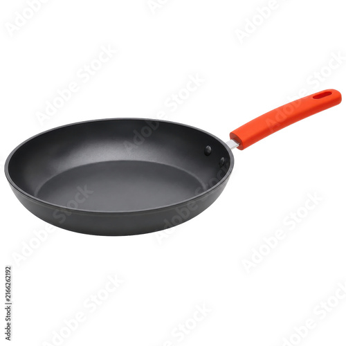 Fotografía Sleek black non-stick frying pan with a vibrant orange handle is isolated on a c