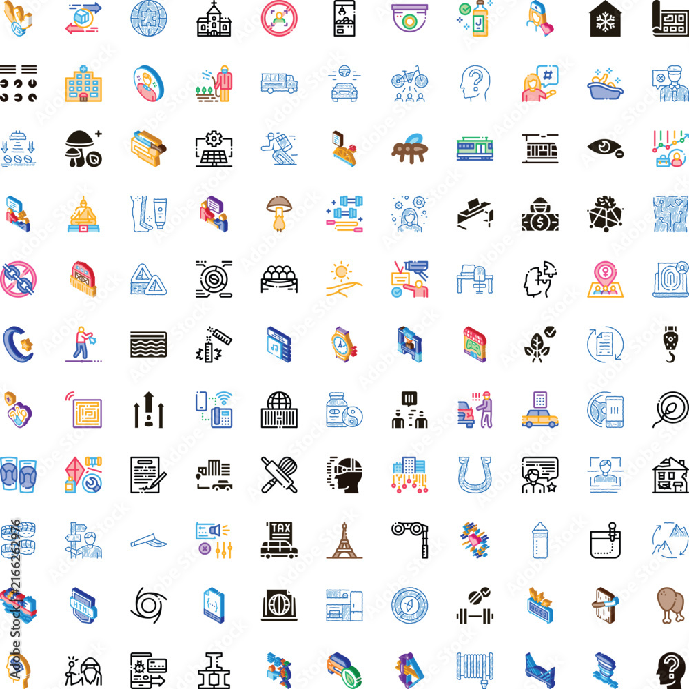 Fototapeta premium Organized grid displaying a vast range of conceptual flat line icons, illustrating common themes, abstract ideas, business concepts, lifestyle objects, and digital services