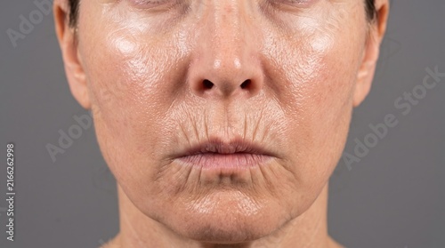 Frontal close up view of mature woman lower face showing deep perioral lip wrinkles
