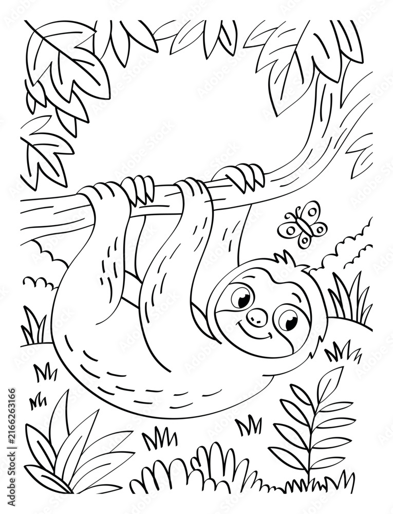 Naklejka premium Cute sloth in its natural habitat, black and white A4 coloring page for preschoolers with text space. One of 20+ matching animal pages in one style for kids books and print.