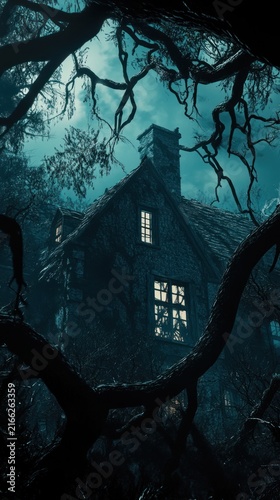 House at night framed by ominous branches