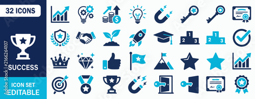 Success Icon Set for Achievement, Business Growth, Winner Award and Career Milestones