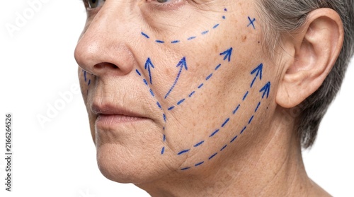 Close Up Senior Woman Face Marked with Blue Surgical Lines and Arrows for Facelift Plastic Surgery