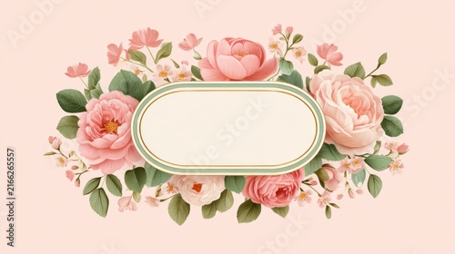 The design features a light pink background surrounded by various pink roses, green leaves, and small flowers, with a blank oval label frame with a thin green border at the center. 