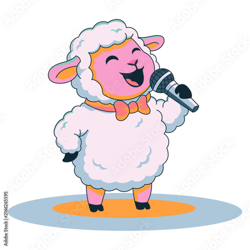 Cute sheep standing and singing into a microphone in a simple hand drawn doodle style. Minimal flat vector illustration with playful character design, suitable for children’s projects, music themes