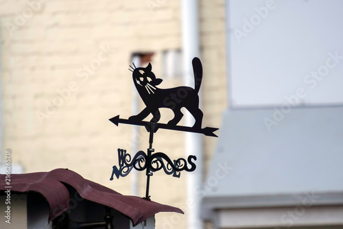 Photography Decorative metal cat weather vane featuring a black cat silhouette mounted on a directional arrow and wind direction indicator