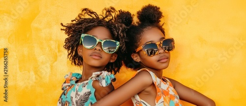 Two young girls wearing sunglasses posing yellow background