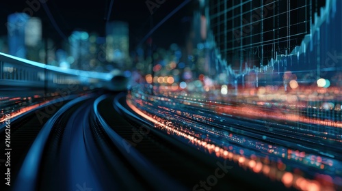 Artificial intelligence powering transportation infrastructure, smart rail lines and bullish stock chart, future economy concept