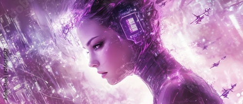 Woman with futuristic tech in a purple cityscape