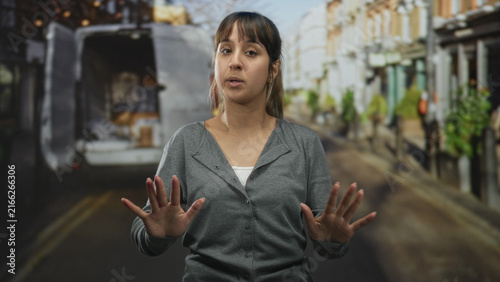 Cuadro en lienzo Woman with palms raised in a defensive gesture in front of an open delivery van on a street; self protection apprehension