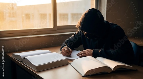 Student wearing hoodie studying with books in dark room.