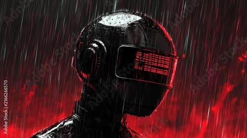 Abstract futuristic helmet with red rain in the dark