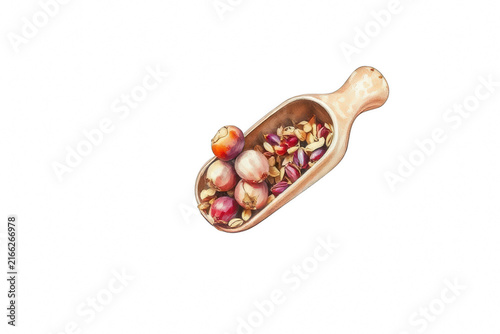 Ceramic scoop filled with organic dried shallots and nuts