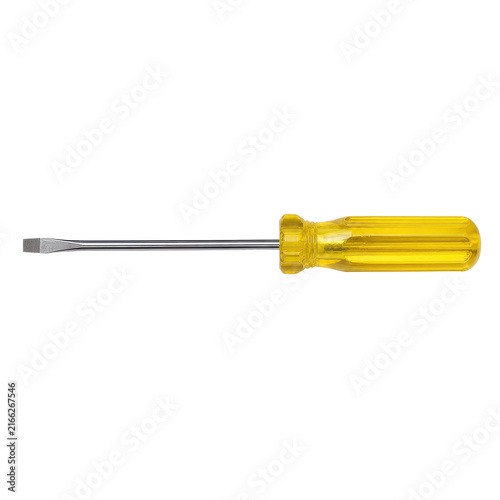 Fotografie Single yellow-handled flathead screwdriver with a metallic shaft and tip is hori