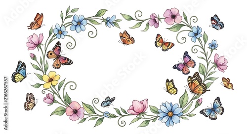 Vibrant butterfly and floral wreath illustration