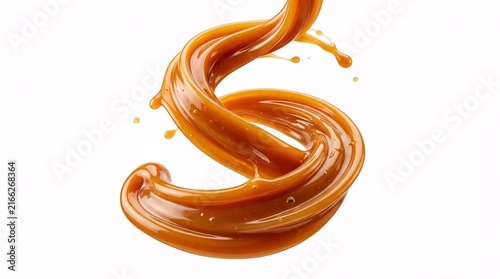 Detailed rendering of a sweet liquid caramel swirl splash isolated on a white background.