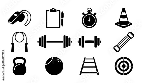 Fitness and Sports Icons Set: Whistle, Dumbbells, Stopwatch, Cone, Jump Rope, Kettlebell, Target, Agility Ladder, Resistance Band, Clipboard, Medicine Ball