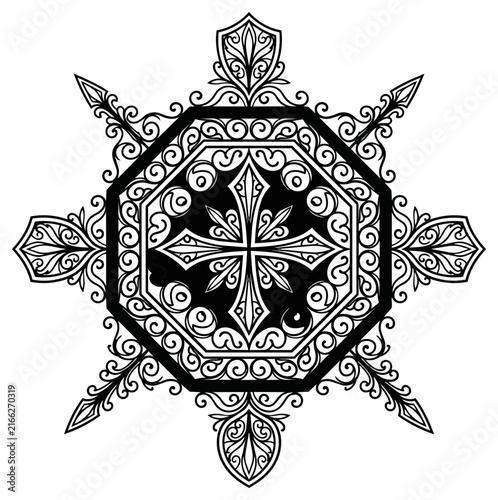 Ornate decorative symmetrical emblem with cross motif