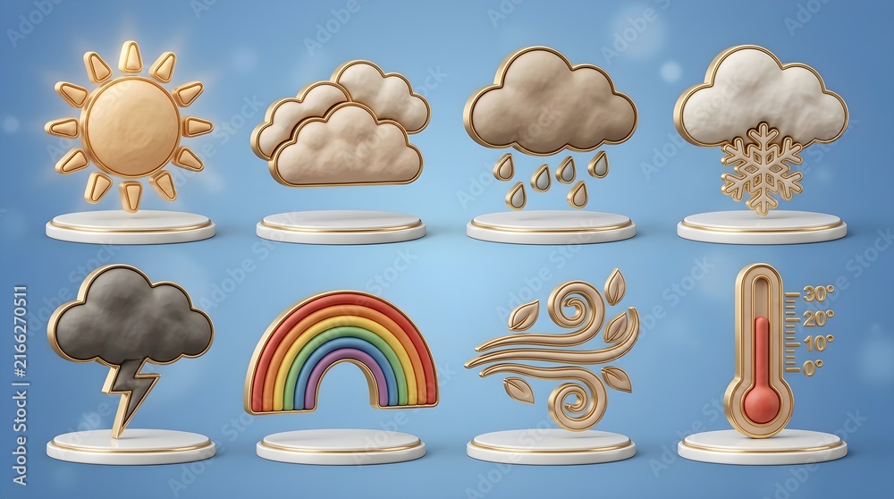 Fototapeta premium 3D Weather Forecast Icons Set Featuring Clouds, Rain, Rainbow, and Wind Concept