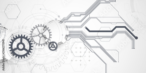 Technology background with grey gears, circuit board lines, geometric circles. Vector