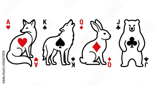 Stylized minimalist line art set of fox, wolf, rabbit, and bear icons designed as playing card characters