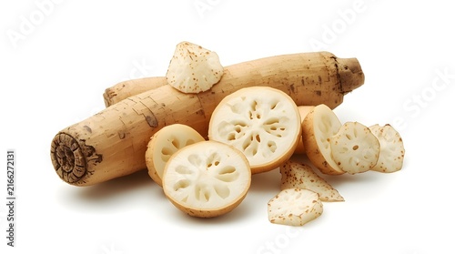 Fresh Whole and Sliced Lotus Root Isolated on White Background