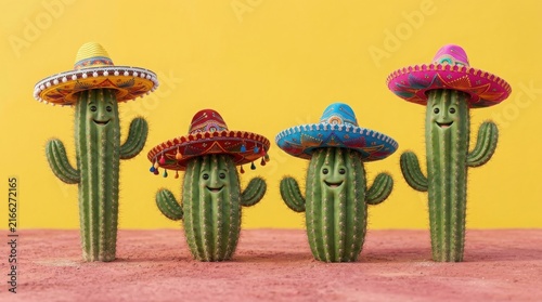 Cacti wearing sombreros celebrate fiesta ,Hispanic Heritage Celebration Month, Latino Ctivalultural Festival, Cinco de Mayo, Día de los Muertos, Carnaval, Inti Raymi